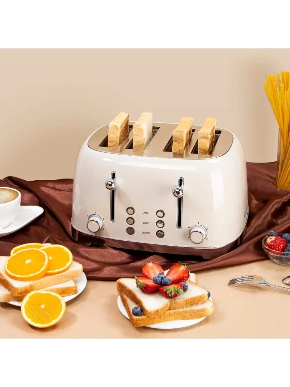 4 Slice Cream Retro Stainless Steel with Bagel Defrost Cancel Function Toaster